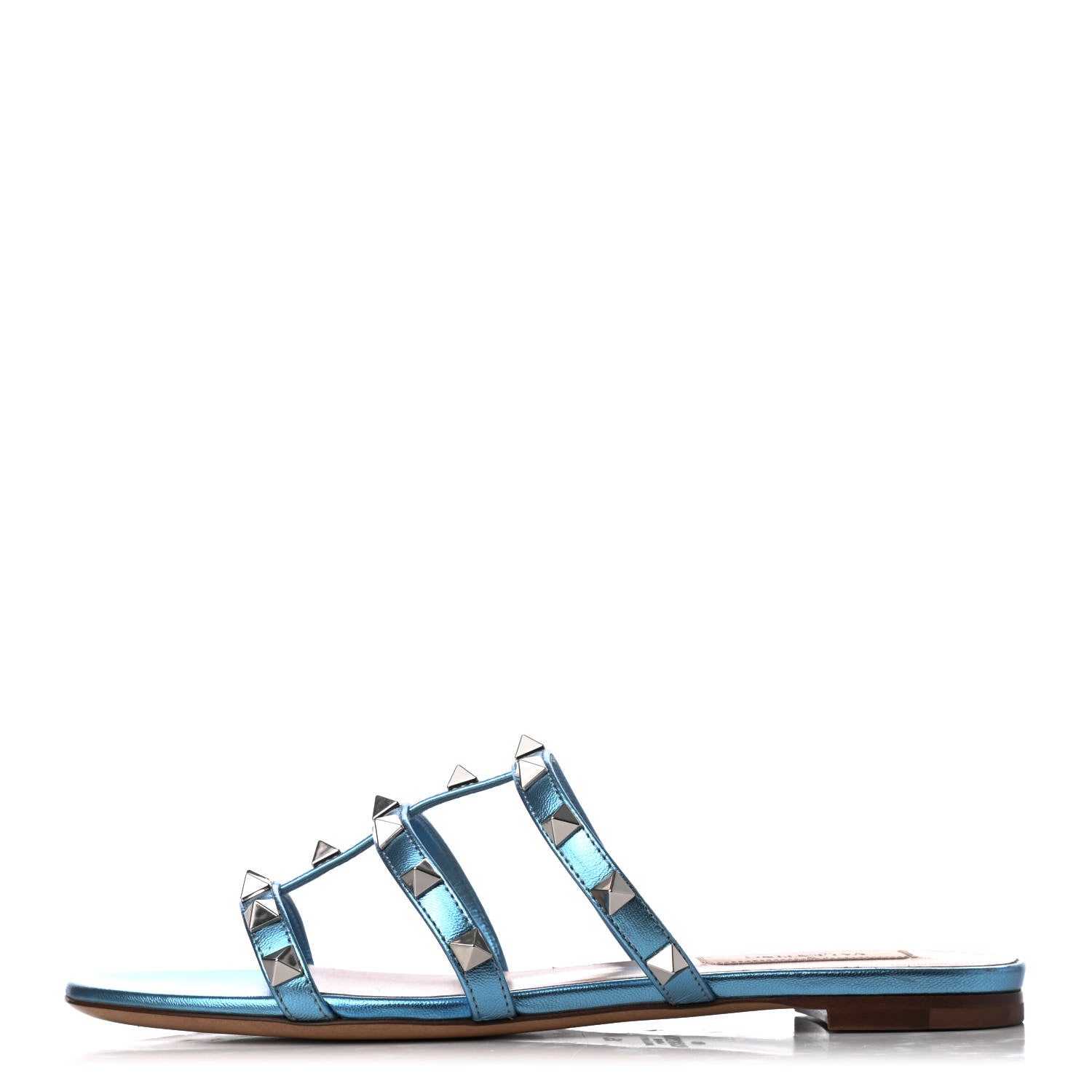 Valentino Garavani Metallic Nappa Rockstud Caged Flat Slide Sandals 35 Cerulean 1 of 10