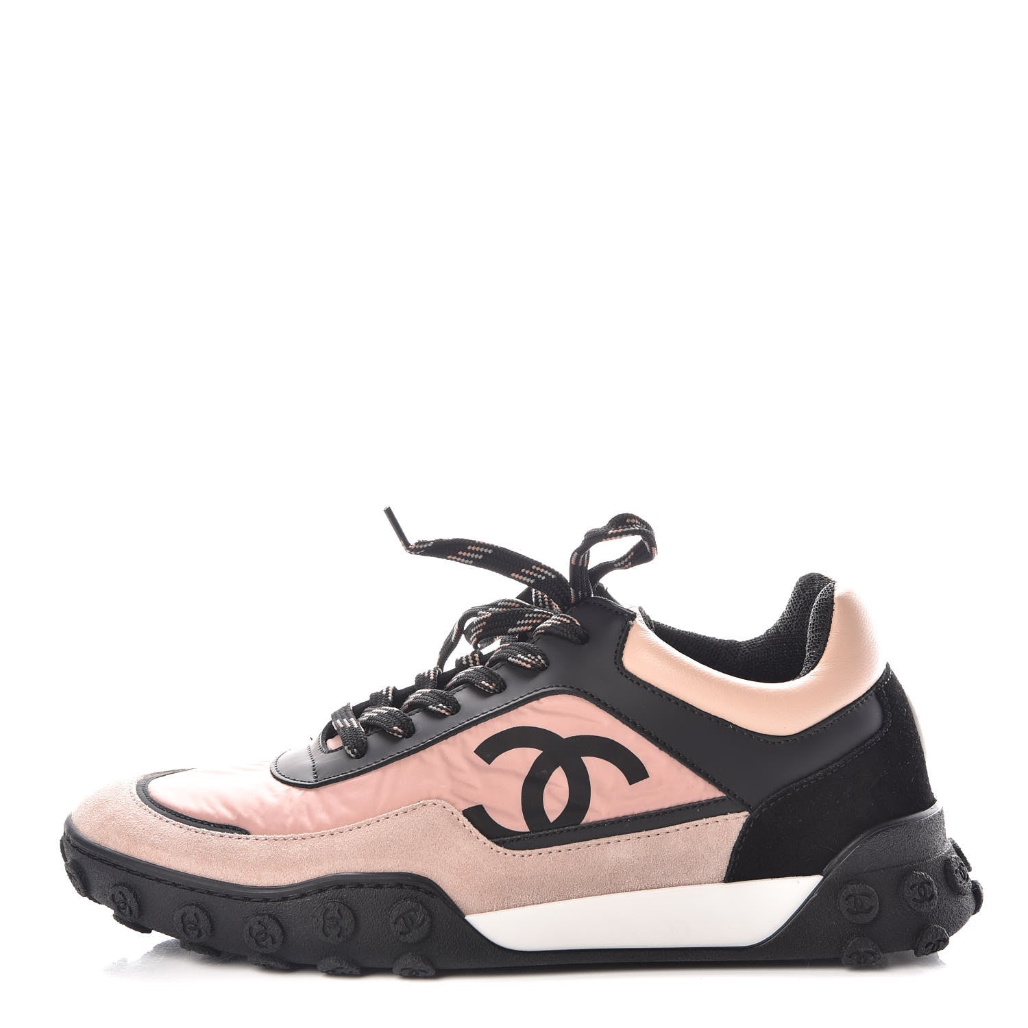 Chanel Nylon Calfskin Suede CC Womens Sneakers 37.5 Pink Black 1 of 9