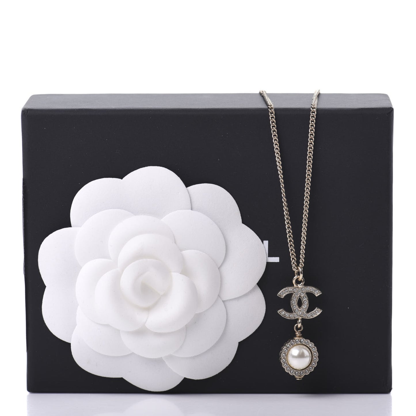 Crystal CC Pearl Drop Necklace Gold