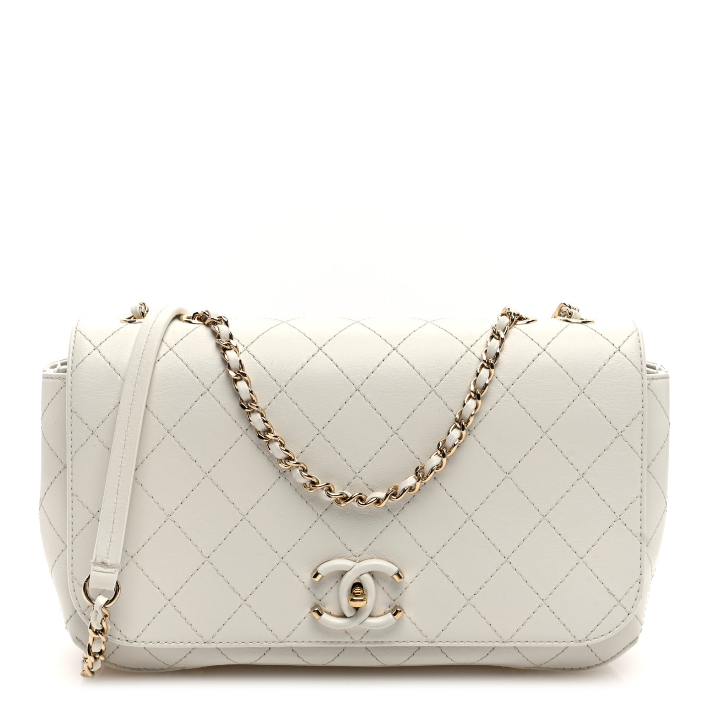 Calfskin Stitched Medium Covered CC Flap Bag White