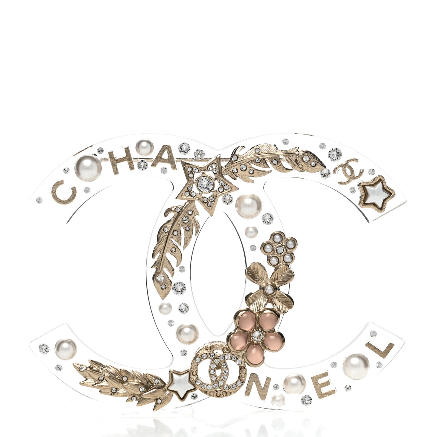 Resin Pearl Crystal Feather Star CC Brooch Transparent Gold
