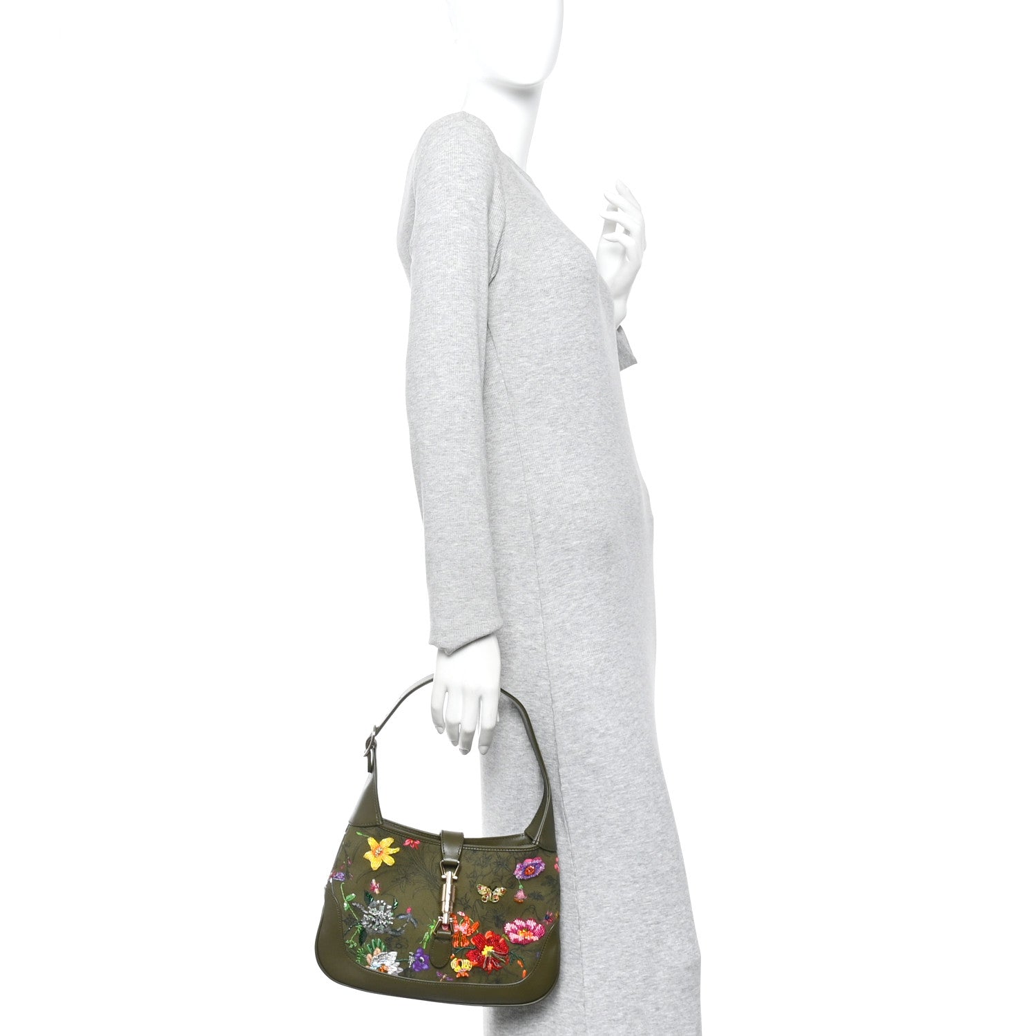 Gucci Calfskin Canvas Beaded Floral Medium Jackie 1961 Multicolor 2 of 10