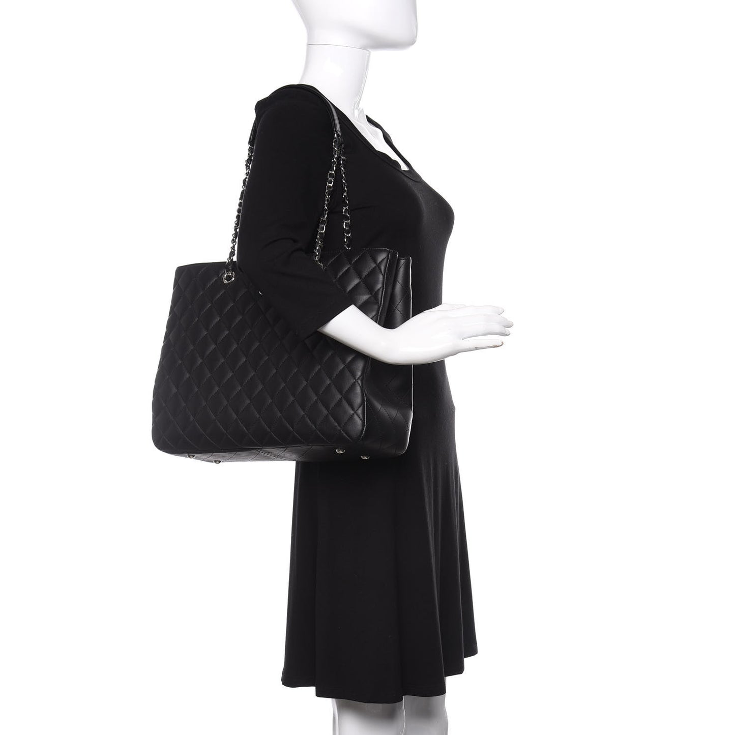 Calfskin Quilted Large Classic Shopping Tote Black