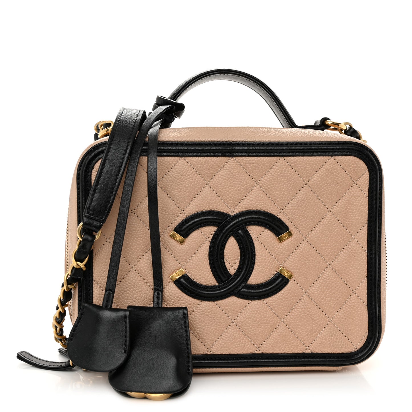 Caviar Quilted Medium CC Filigree Vanity Case Beige Black