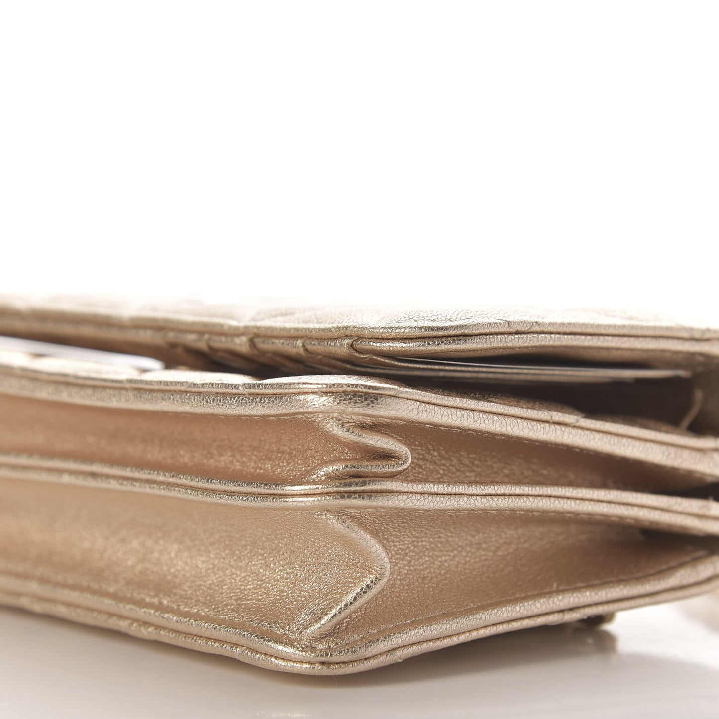 Metallic Lambskin Quilted Mini Wallet On Chain WOC Gold
