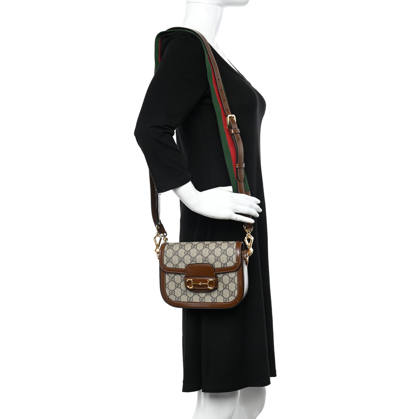 GG Supreme Monogram Azalea Calfskin Web Mini Horsebit 1955 Shoulder Bag Beige Ebony Brown Sugar