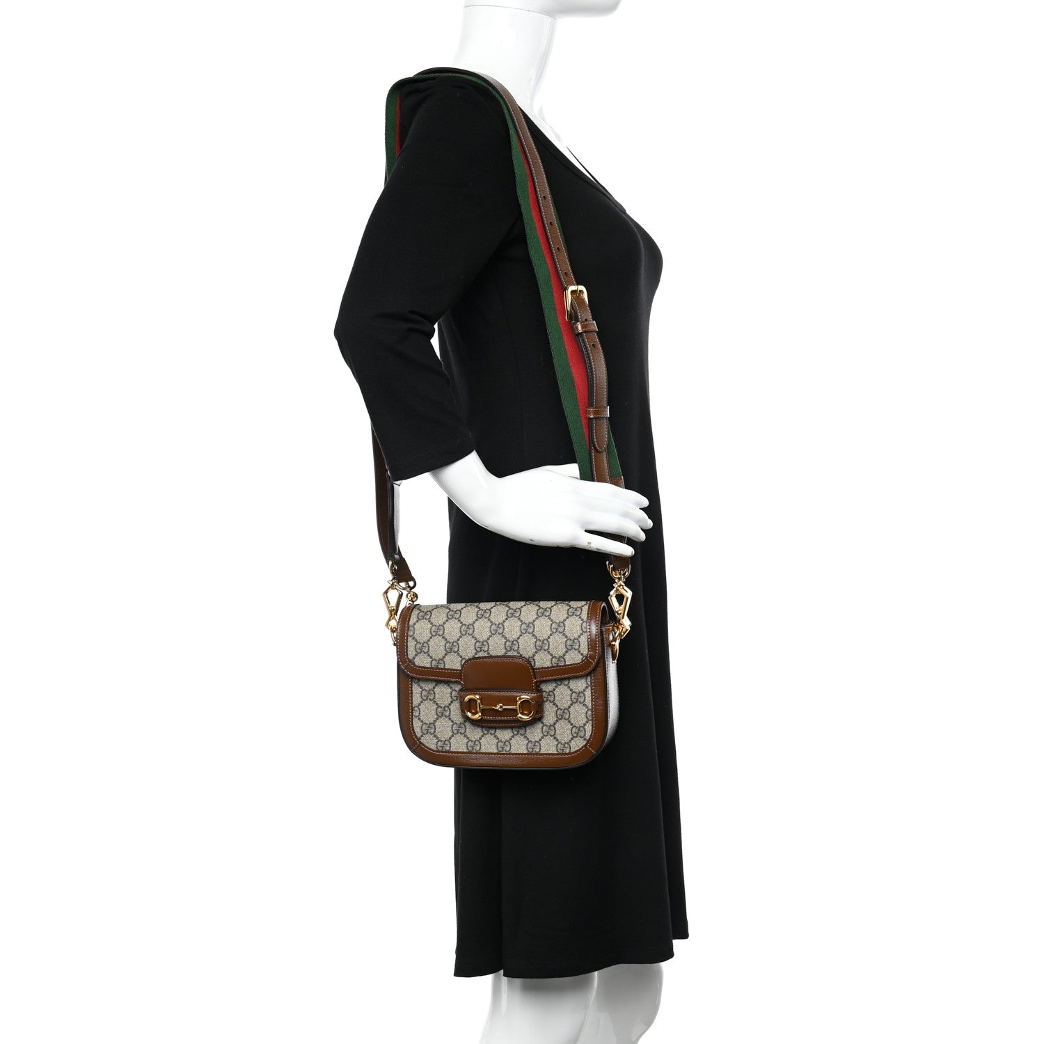 Gucci GG Supreme Monogram Azalea Calfskin Web Mini Horsebit 1955 Shoulder Bag Beige Ebony Brown Sugar 2 of 11