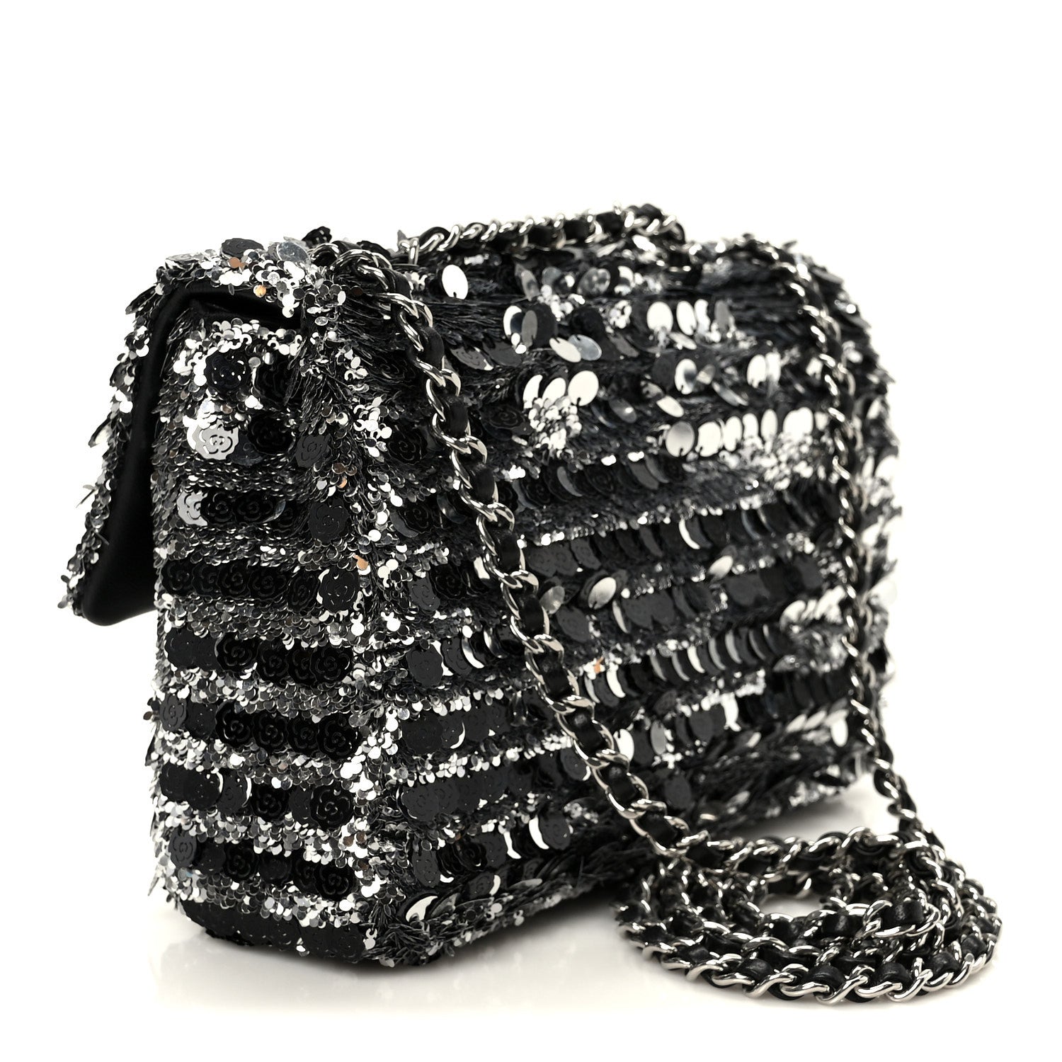 Chanel Sequin Camellia Small Single Flap Silver Black 3 of 12