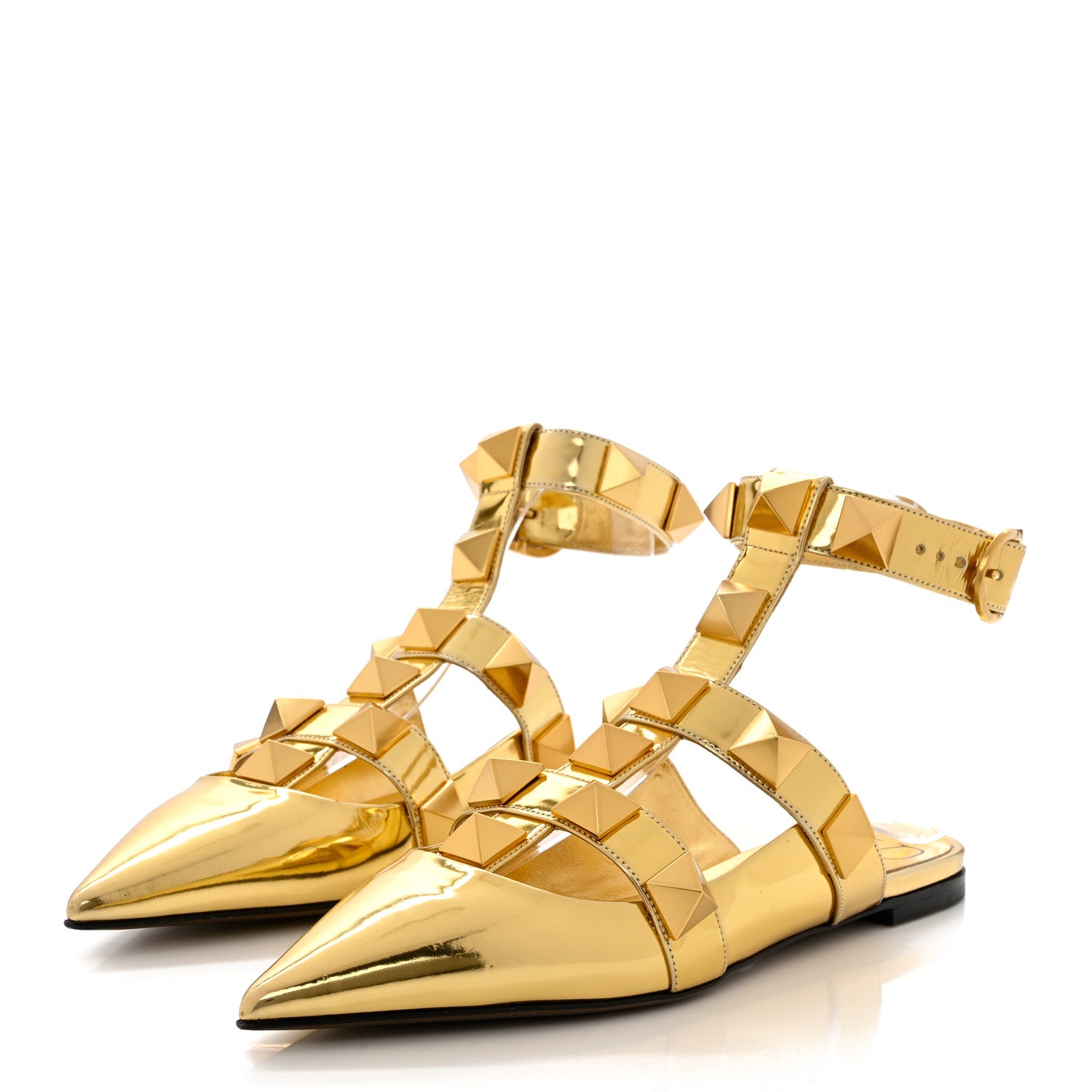 Valentino Garavani Metallic Patent Roman Stud Ankle Strap Flat Mules 38.5 Antique Brass 3 of 8
