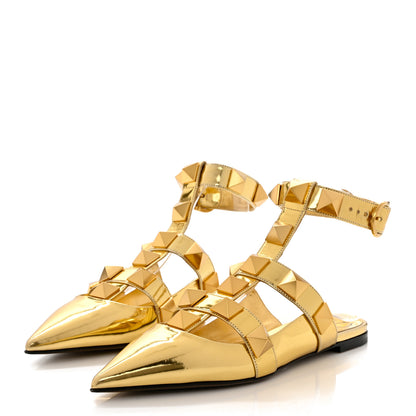 Valentino Garavani Metallic Patent Roman Stud Ankle Strap Flat Mules 38.5 Antique Brass 3 of 8