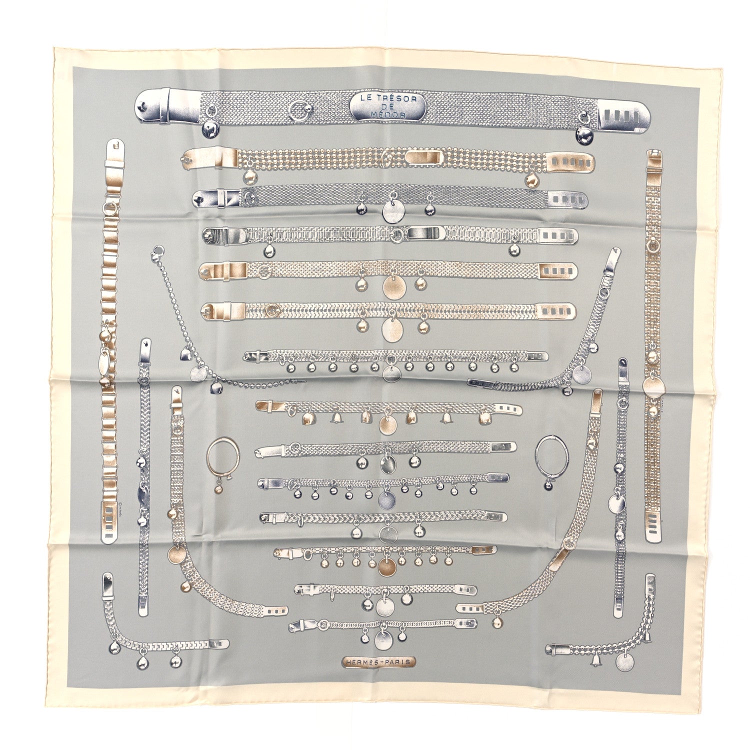 Hermes Silk Le Tresor De Medor Scarf 90 Ivory Gris Perle 1 of 4
