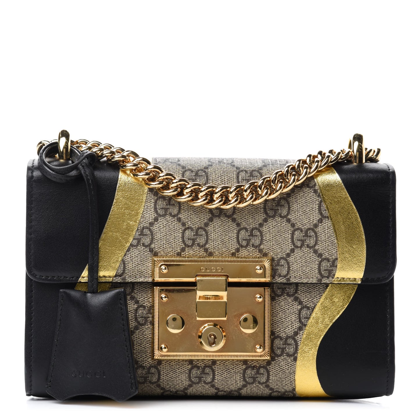 Calfskin GG Supreme Monogram Small Padlock Shoulder Bag Black Gold