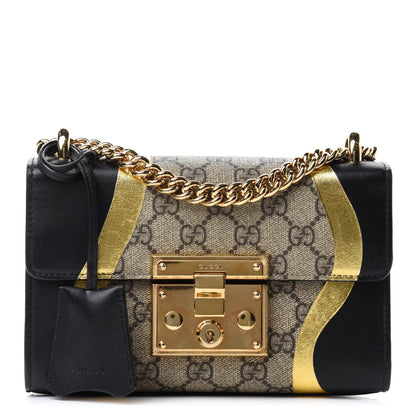 Gucci Calfskin GG Supreme Monogram Small Padlock Shoulder Bag Black Gold 1 of 17