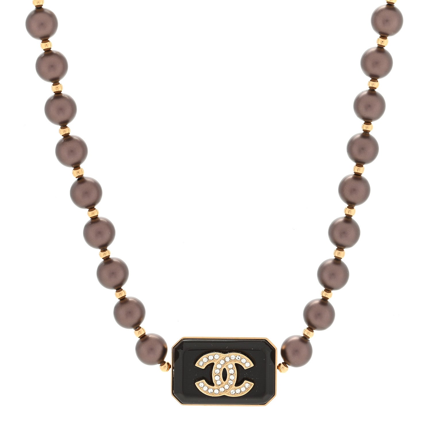 Chanel Pearl Crystal CC Choker Necklace Brown Gold 1 of 4
