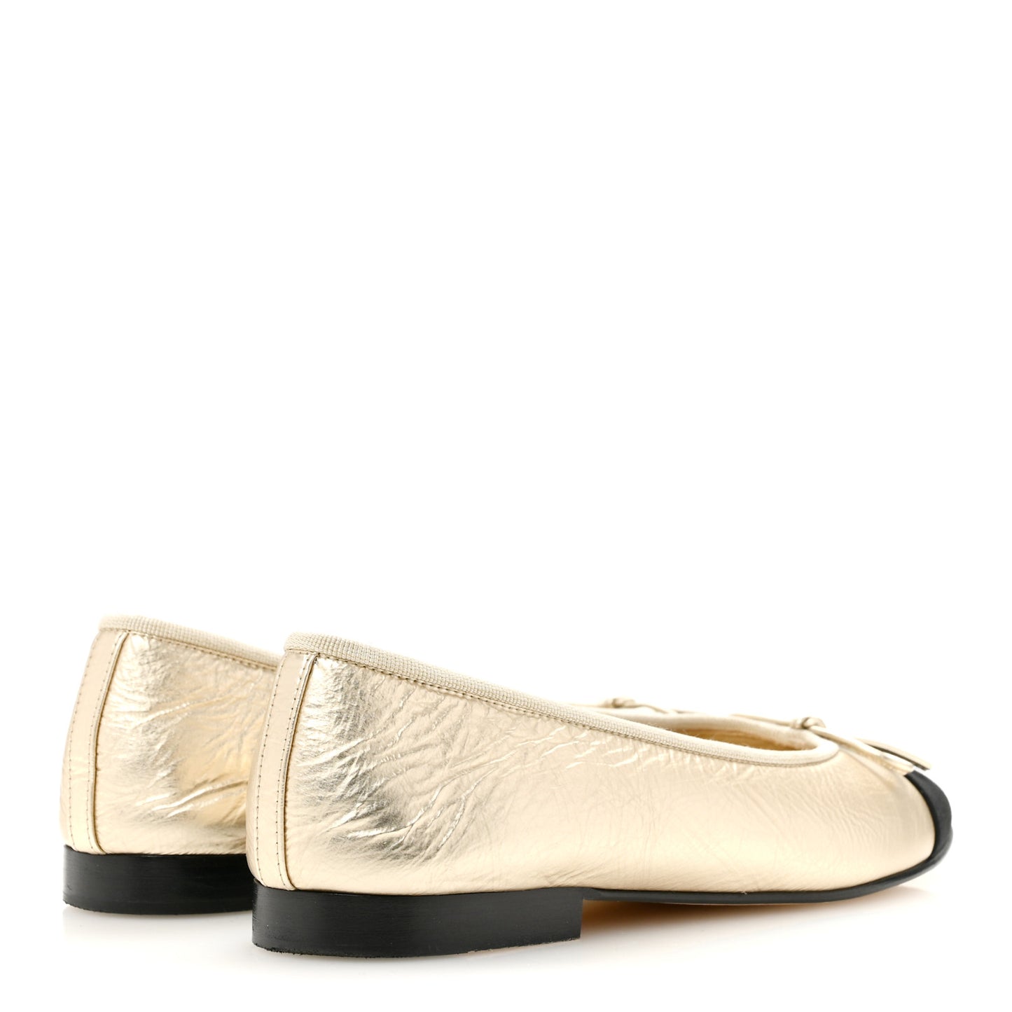 Metallic Laminated Lambskin Grosgrain CC Cap Toe Ballerina Flats 37.5 Light Gold Black
