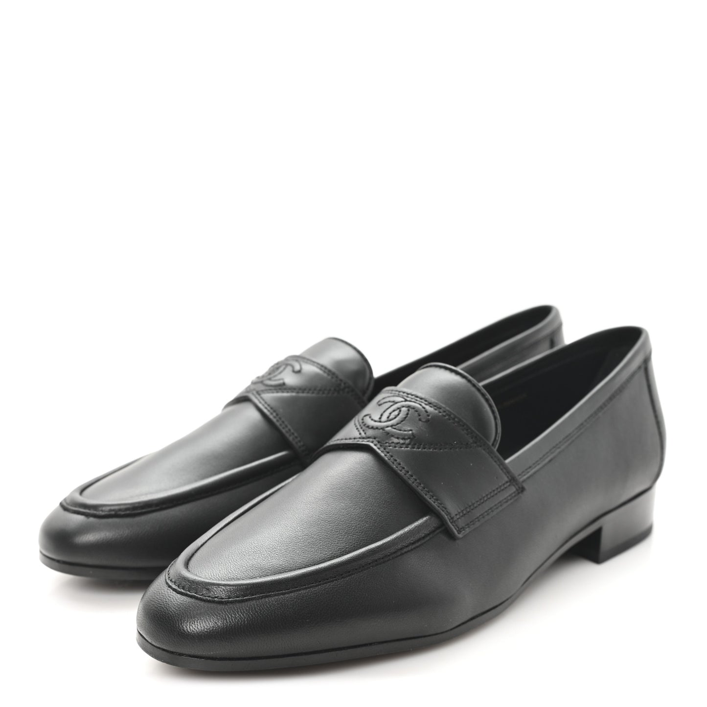 Calfskin Womens Stitched CC Loafers 38 Black