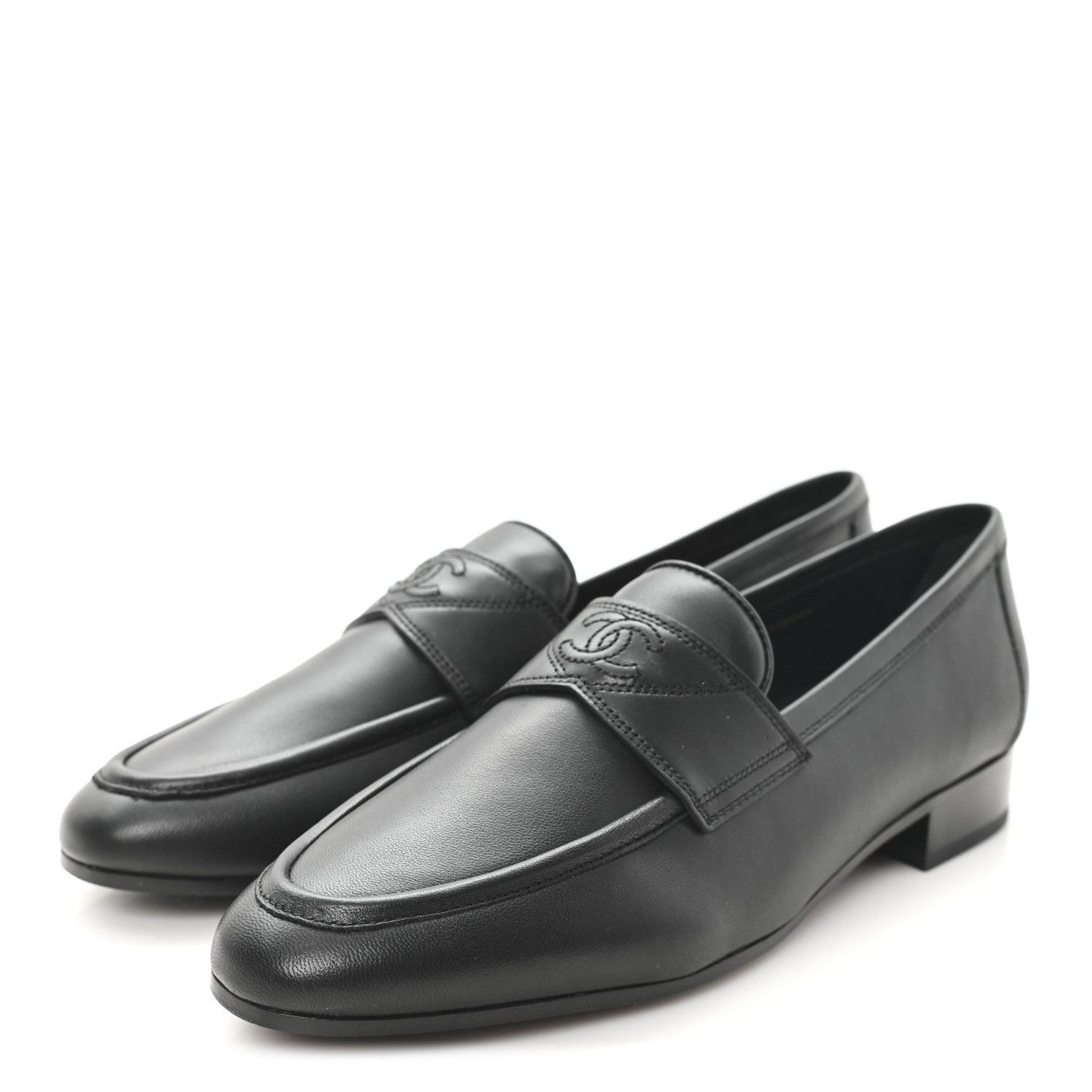 Chanel Calfskin Womens Stitched CC Loafers 38 Black 4 of 10