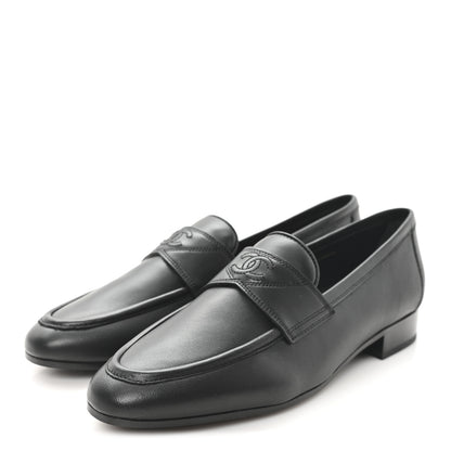 Chanel Calfskin Womens Stitched CC Loafers 38 Black 4 of 10