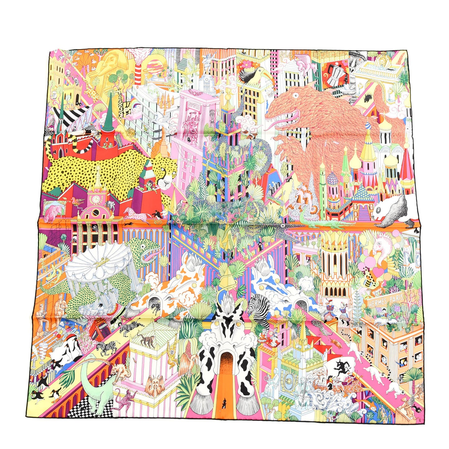Silk Animapolis Scarf 90 Jaune Vif Vert Rose