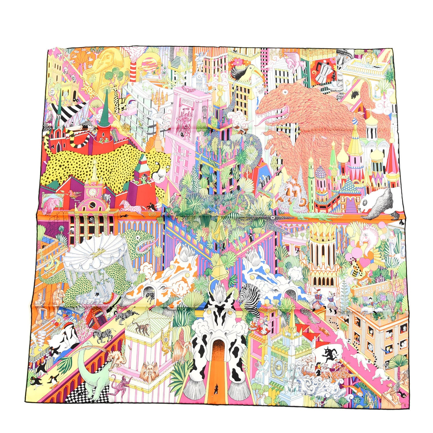 Hermes Silk Animapolis Scarf 90 Jaune Vif Vert Rose 1 of 5