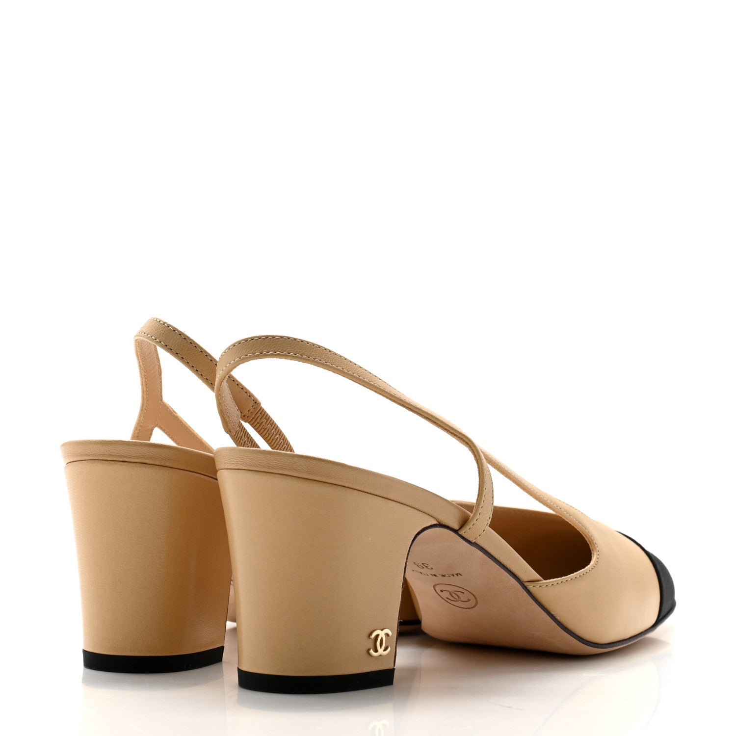 Chanel Goatskin Grosgrain Cap Toe CC Slingback Pumps 39 Beige Black 4 of 9