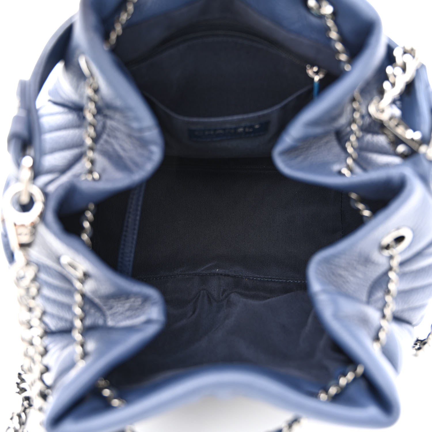 Chanel Deerskin Chevron Medium CC Chain Bucket Drawstring Bag Navy Blue 4 of 9