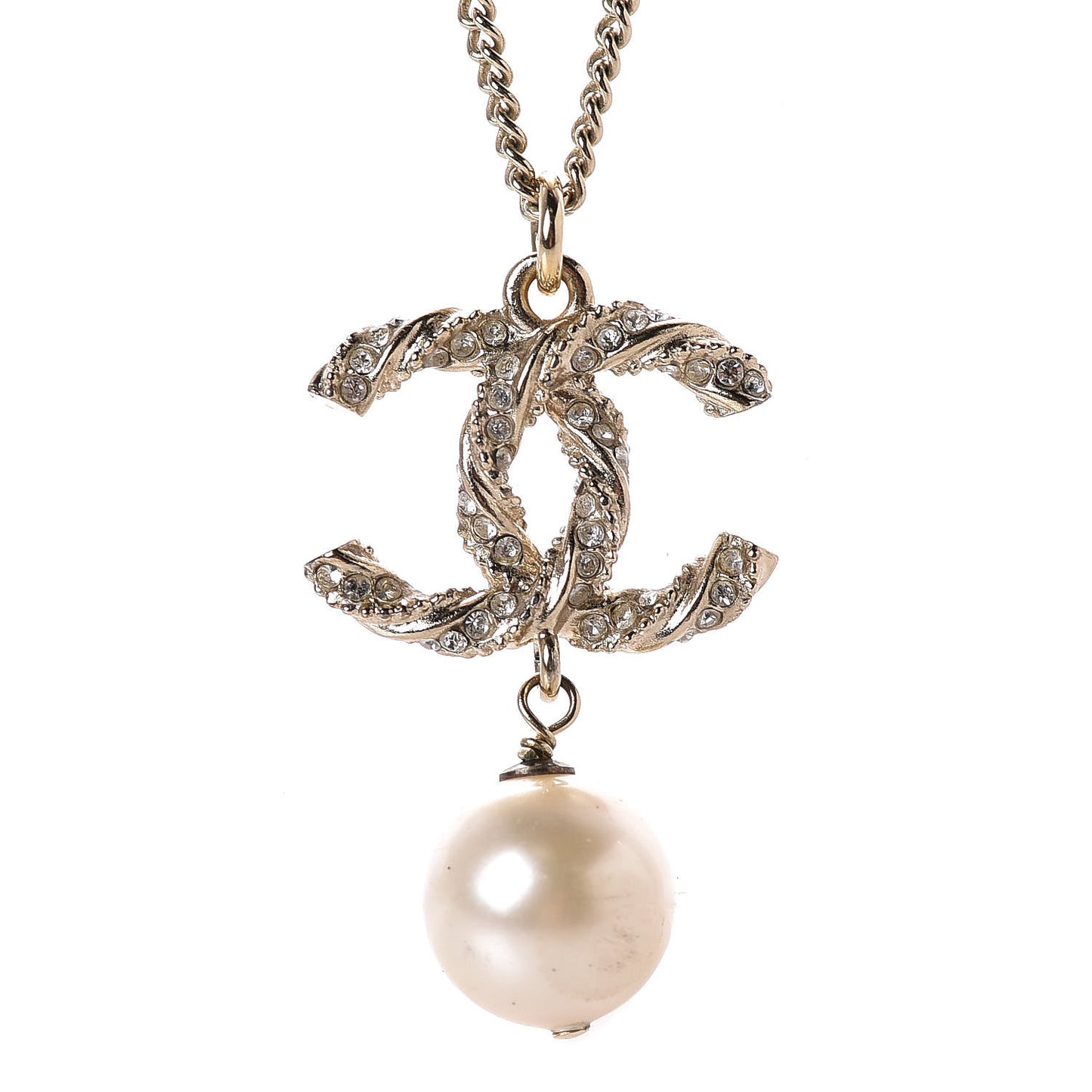Pearl Crystal Twisted CC Drop Necklace Gold