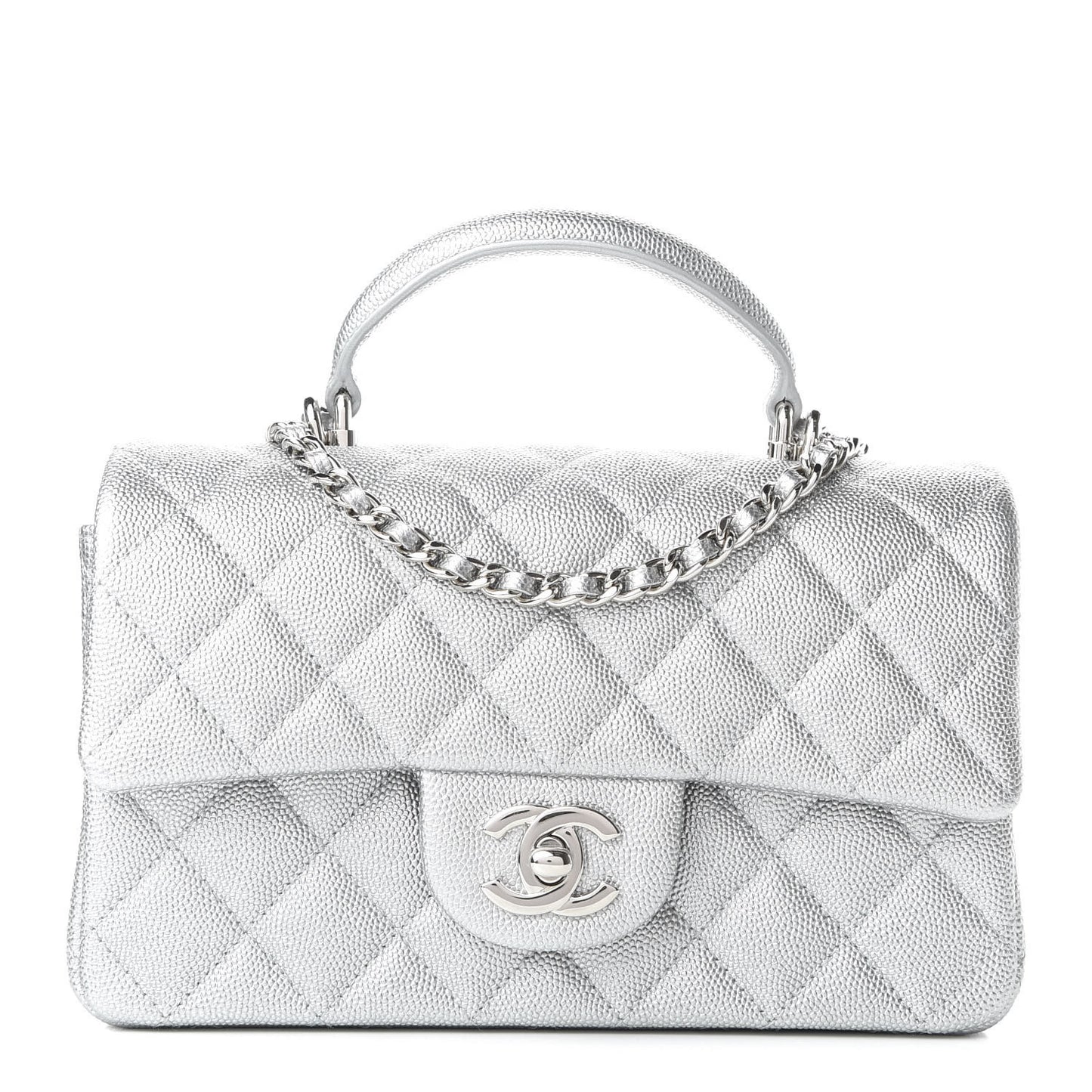 Metallic Caviar Quilted Mini Top Handle Rectangular Flap Silver