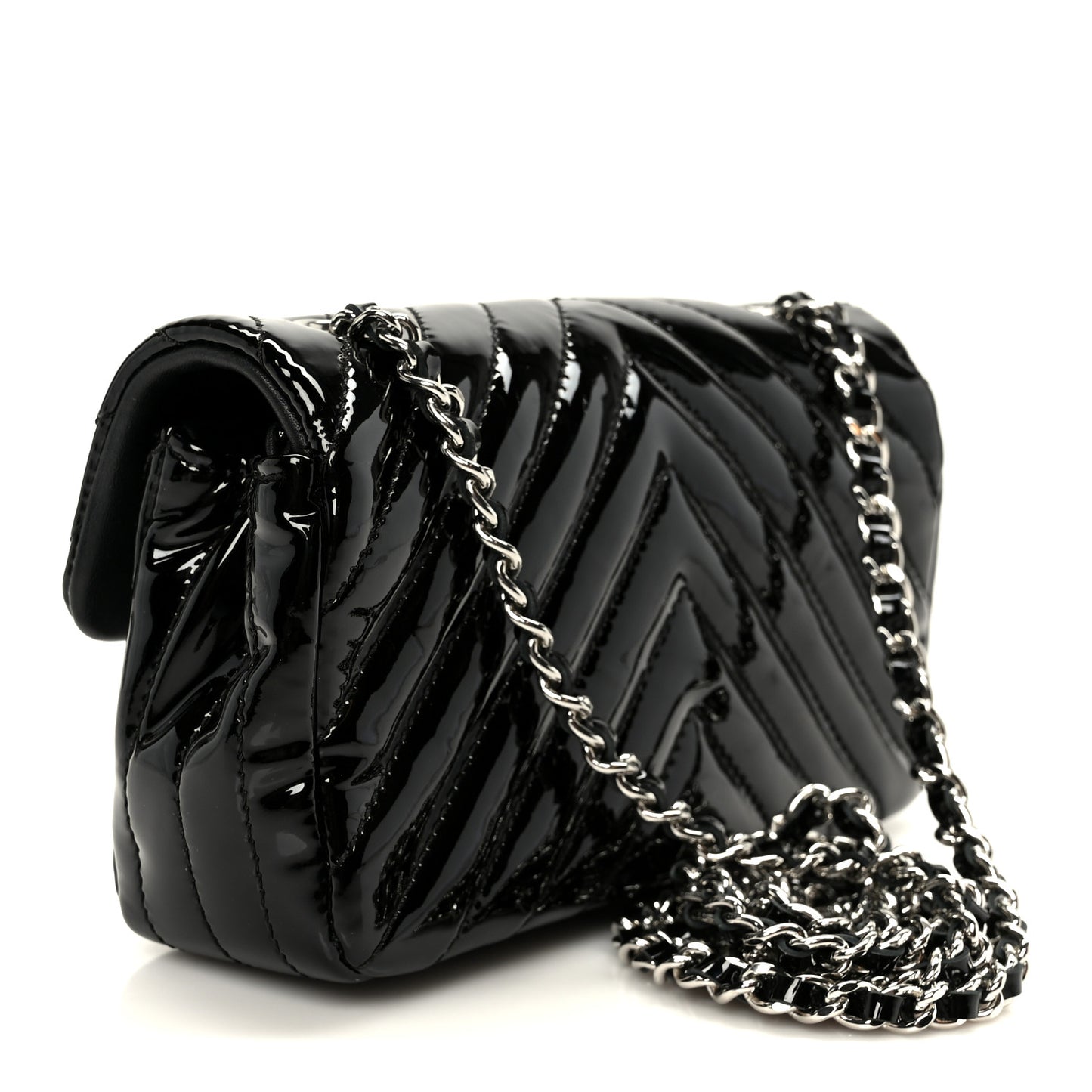 Patent Calfskin Chevron Quilted Extra Mini Flap Black