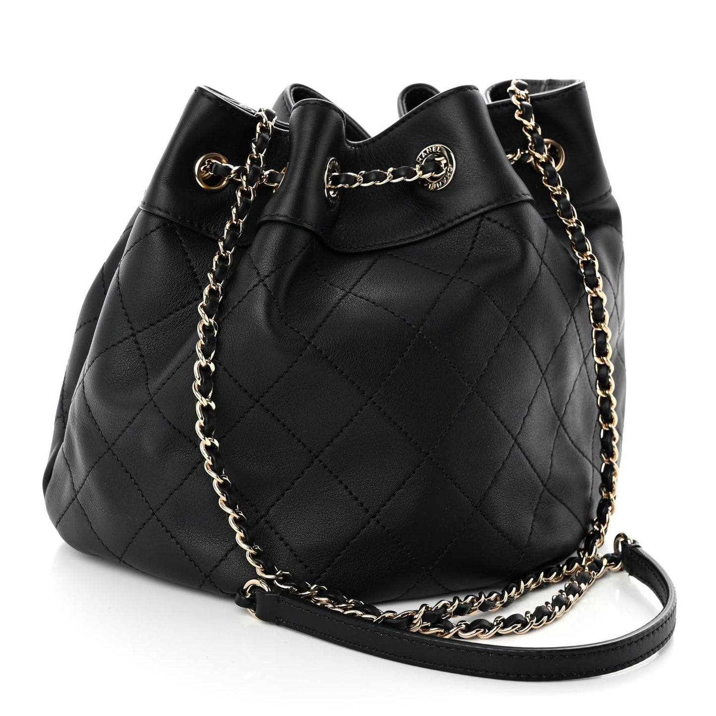 Calfskin Stitched Mini Drawstring CC Bag Black