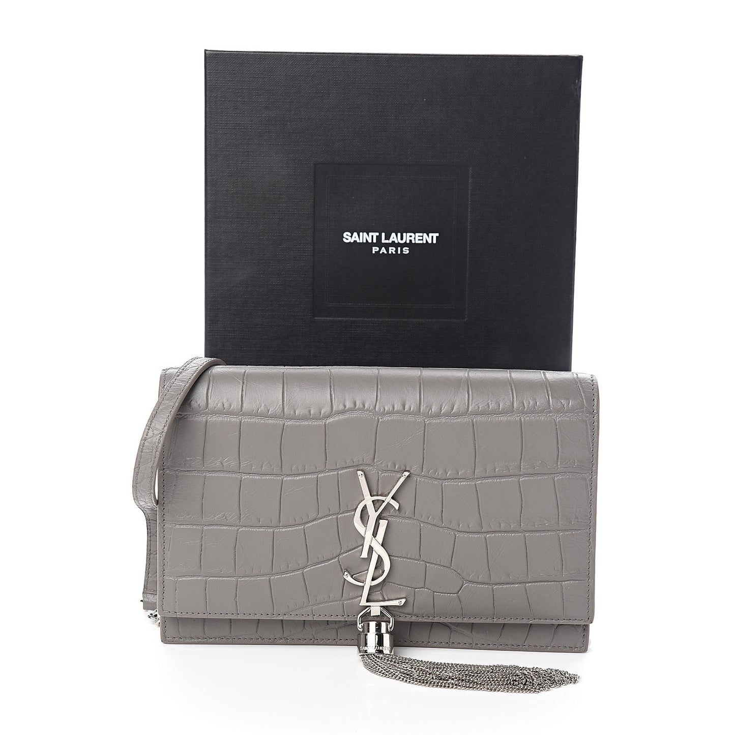 Calfskin Crocodile Embossed Kate Monogram Tassel Chain Wallet Fog