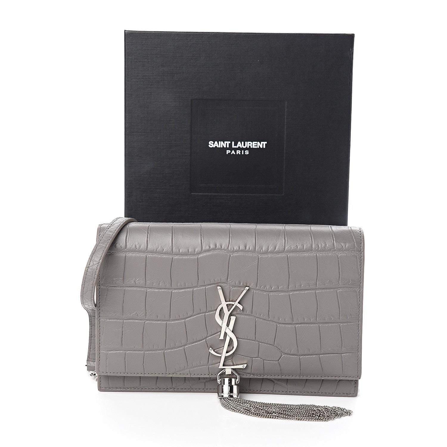 Saint Laurent Calfskin Crocodile Embossed Kate Monogram Tassel Chain Wallet Fog 9 of 9