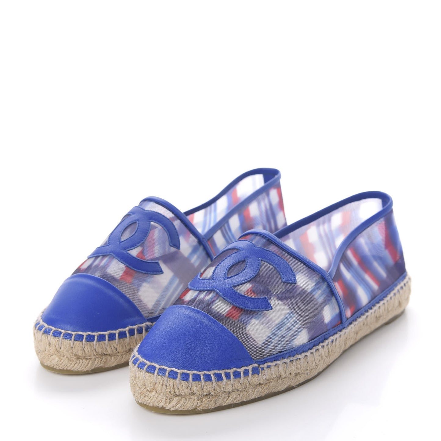 Mesh Lambskin Plaid Print CC Espadrilles 40 Blue White Red