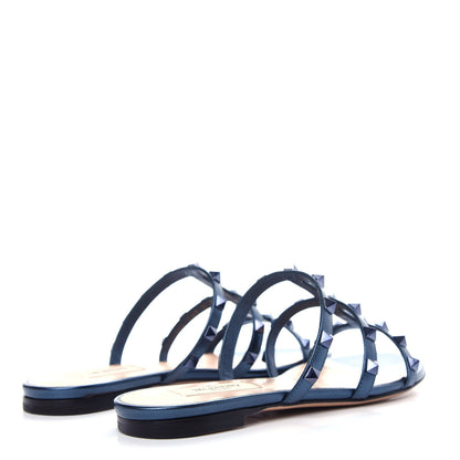 Valentino Garavani Metallic Nappa Rockstud Caged Flat Slide Sandals 36 Marine 4 of 11
