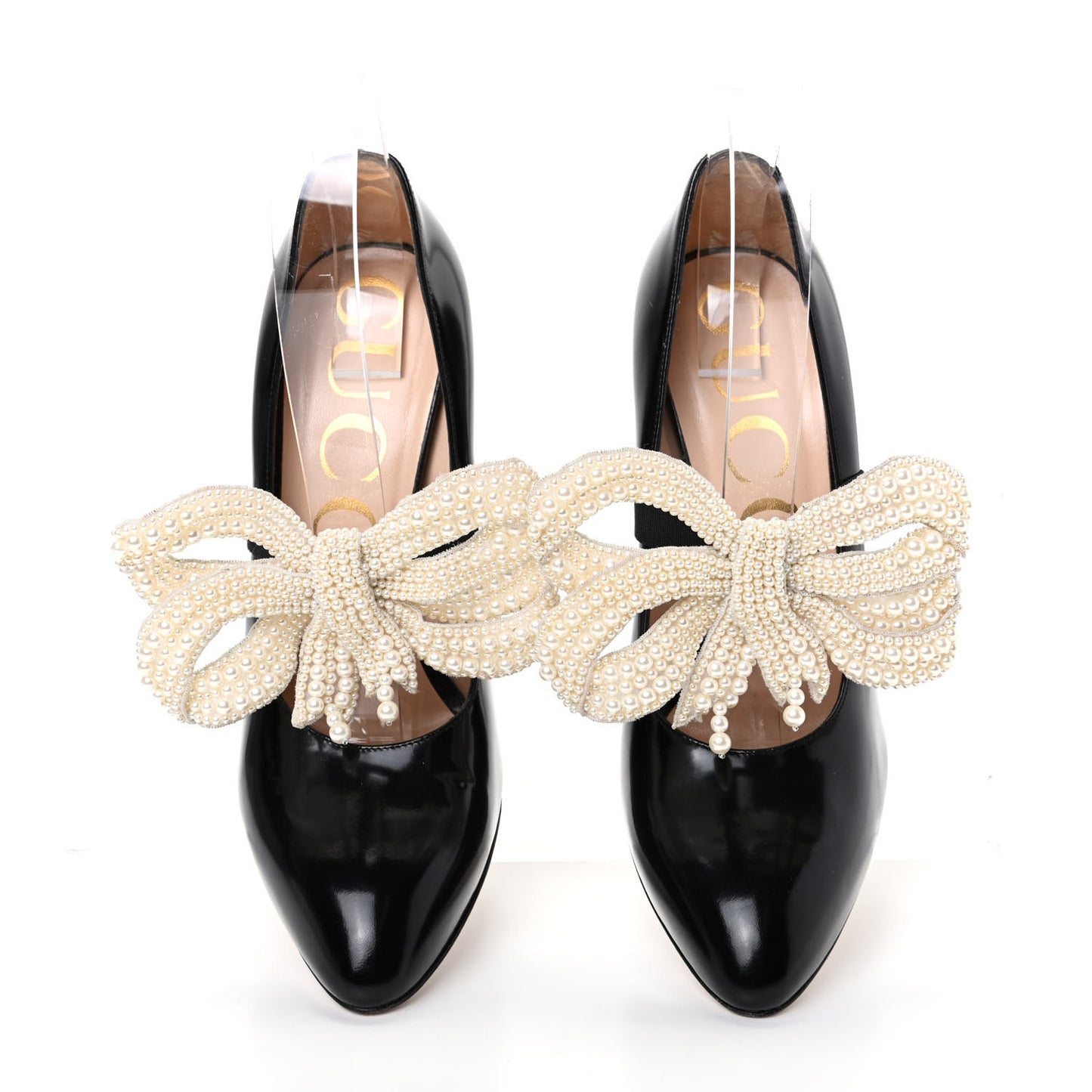 Polished Calfskin Removable Pearly Bow Elaisa Platform High Heel Pumps 37.5 Black