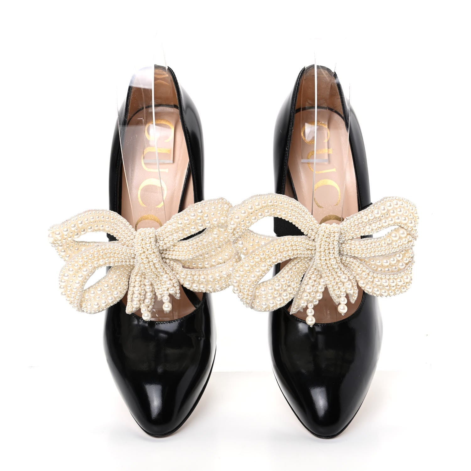 Gucci Polished Calfskin Removable Pearly Bow Elaisa Platform High Heel Pumps 37.5 Black 5 of 9