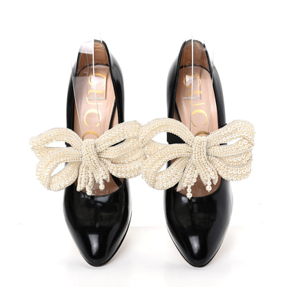 Gucci Polished Calfskin Removable Pearly Bow Elaisa Platform High Heel Pumps 37.5 Black 5 of 9