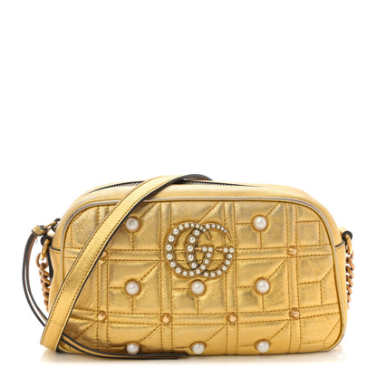 Gucci Metallic Calfskin Matelasse Studded Small Pearly GG Marmont Chain Shoulder Bag Gold 1 of 13