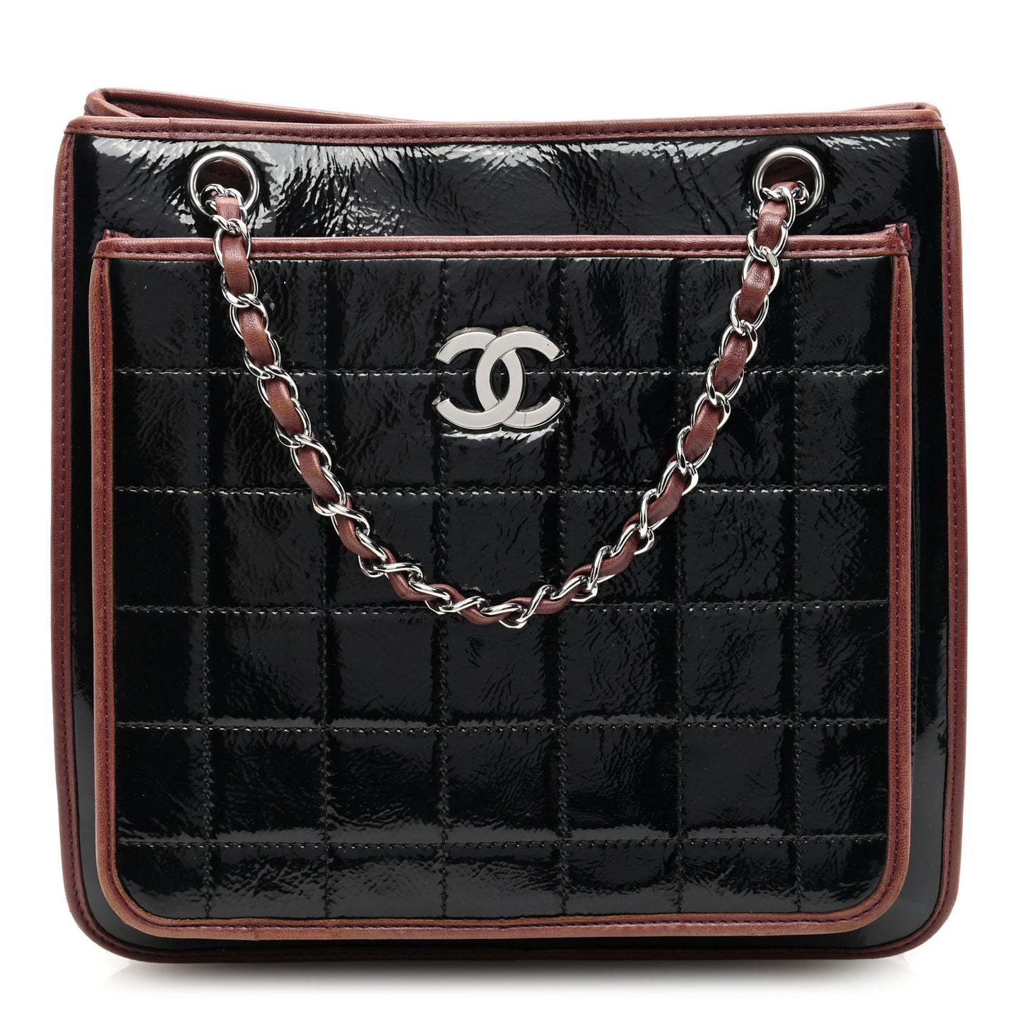 Patent Chocolate Bar Quilted Tote Black Brown