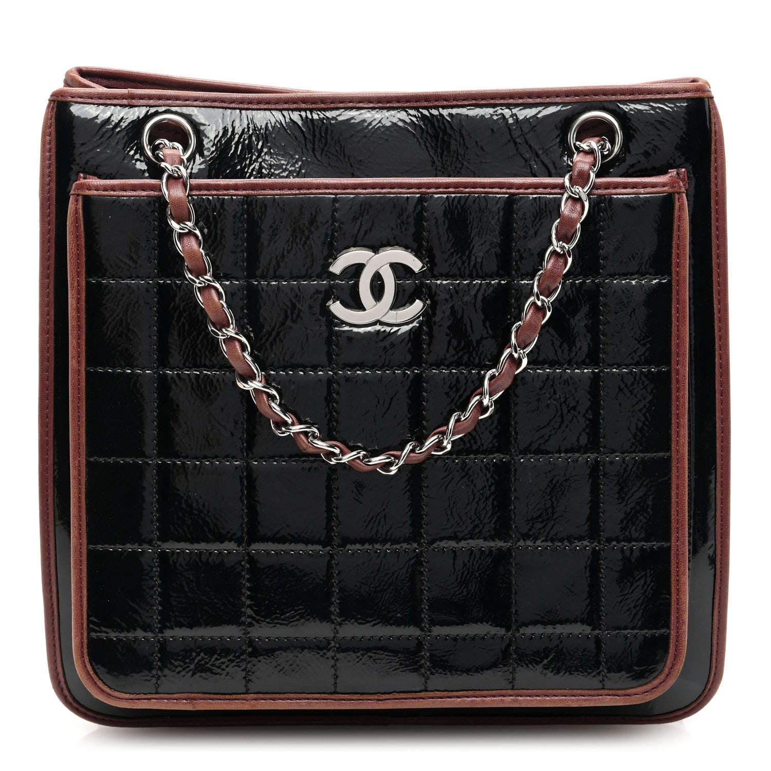 Chanel Patent Chocolate Bar Quilted Tote Black Brown 1 of 10