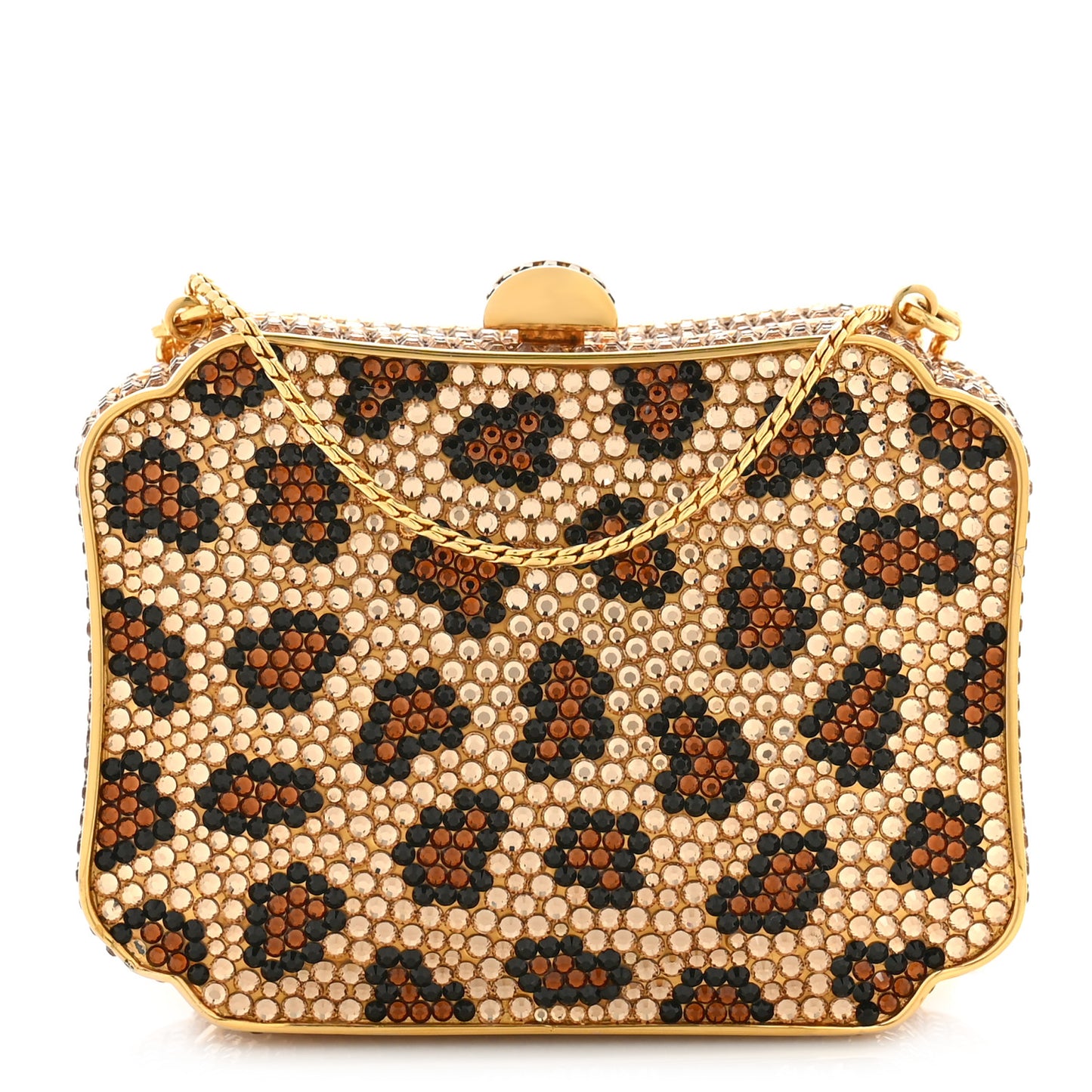 Crystal Leopard Minaudiere Clutch Brown Gold