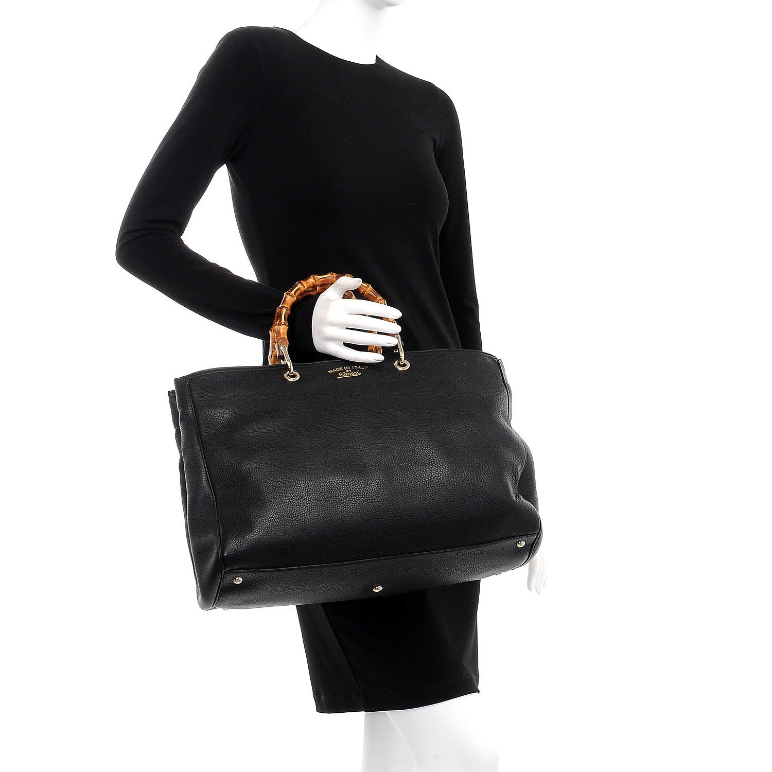 Gucci Calfskin Large Bamboo Shopper Tote Black 3 of 9