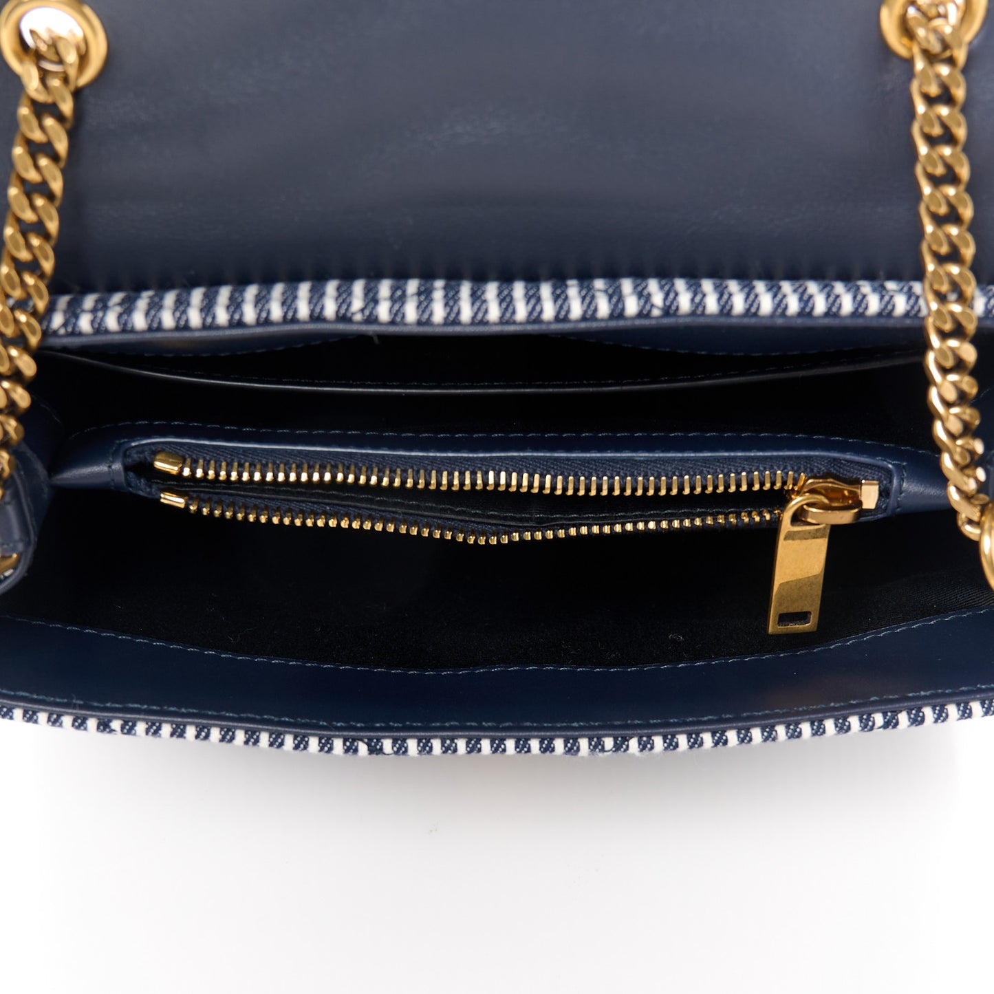 Striped Denim Y Quilted Monogram Small Loulou Chain Satchel Marine Vintage White