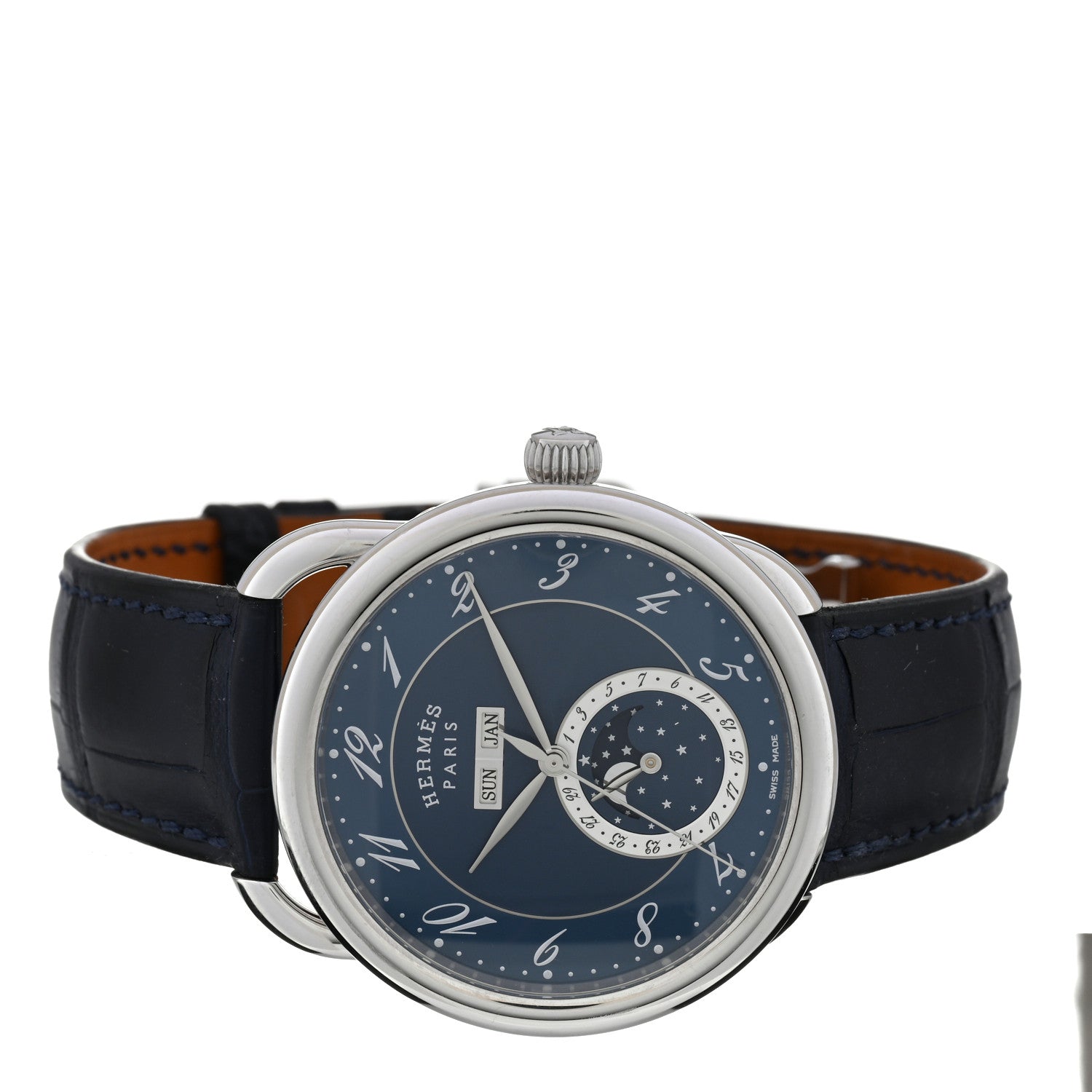 Hermes Stainless Steel Alligator 43mm Arceau Grande Lune Automatic Watch Bleu Abysse 2 of 5