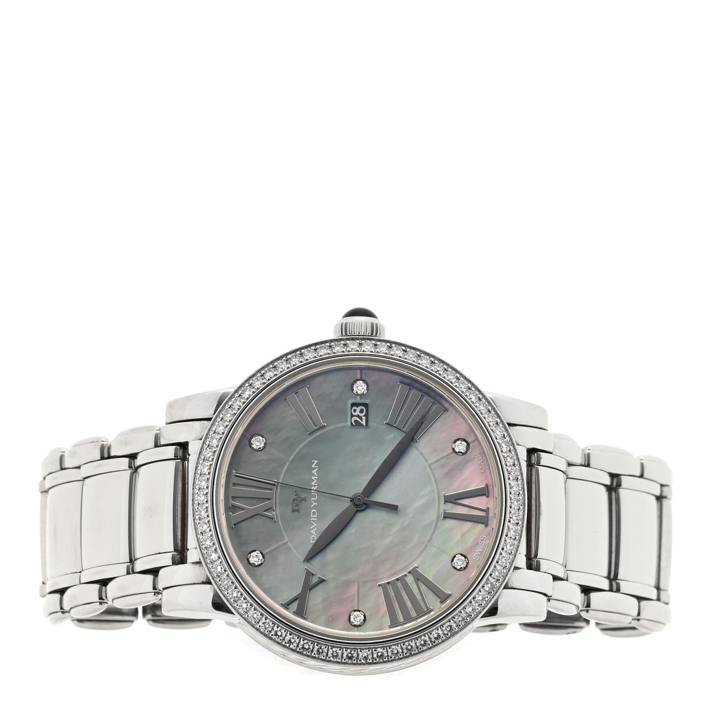 Stainless Steel Diamond Bezel Black Mother of Pearl 38mm Classic Quartz Watch