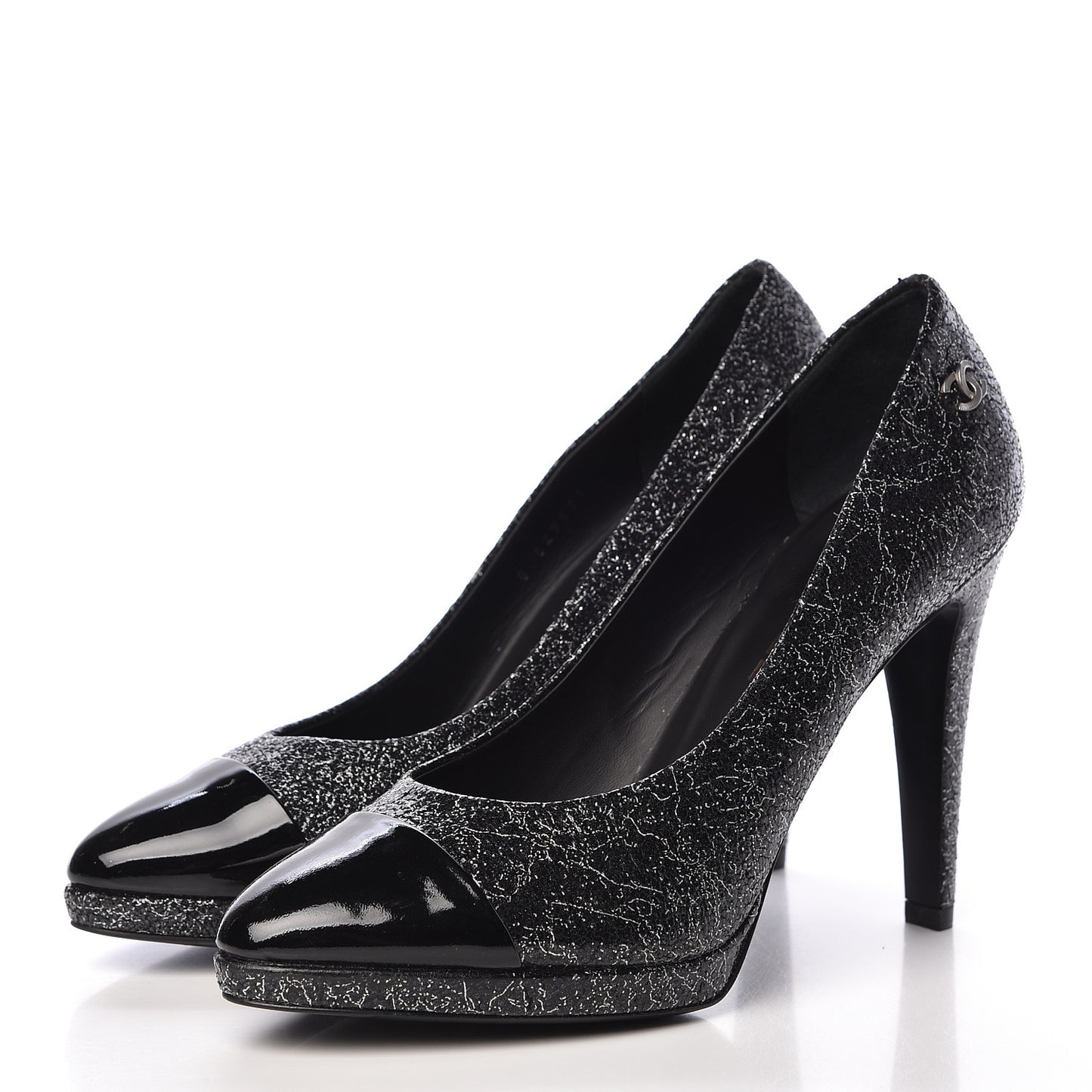 Metallic Crackled Calfskin Patent Cap Toe Pumps 40.5 Silver Black