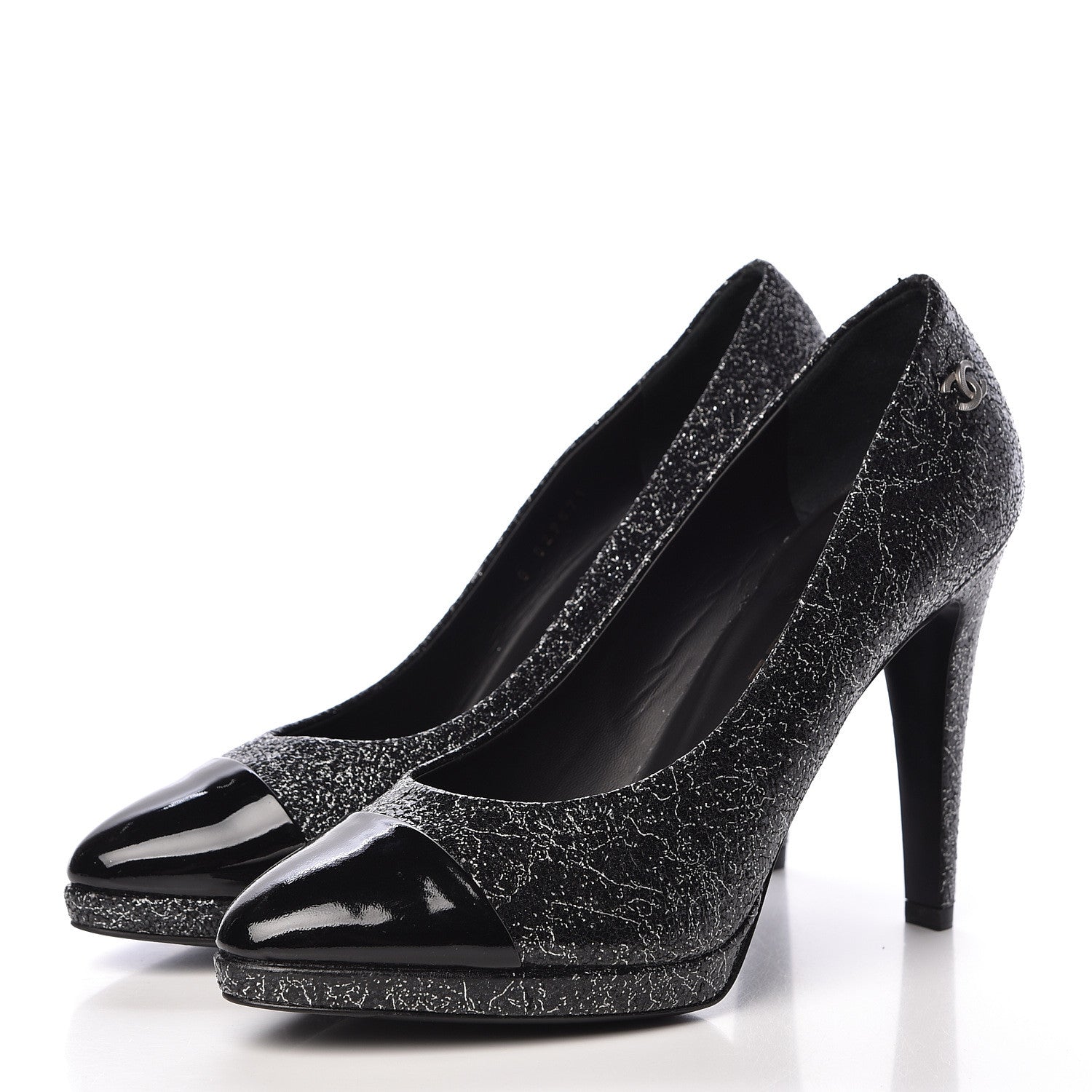 Chanel Metallic Crackled Calfskin Patent Cap Toe Pumps 40.5 Silver Black 3 of 10