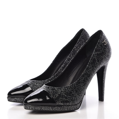 Chanel Metallic Crackled Calfskin Patent Cap Toe Pumps 40.5 Silver Black 3 of 10
