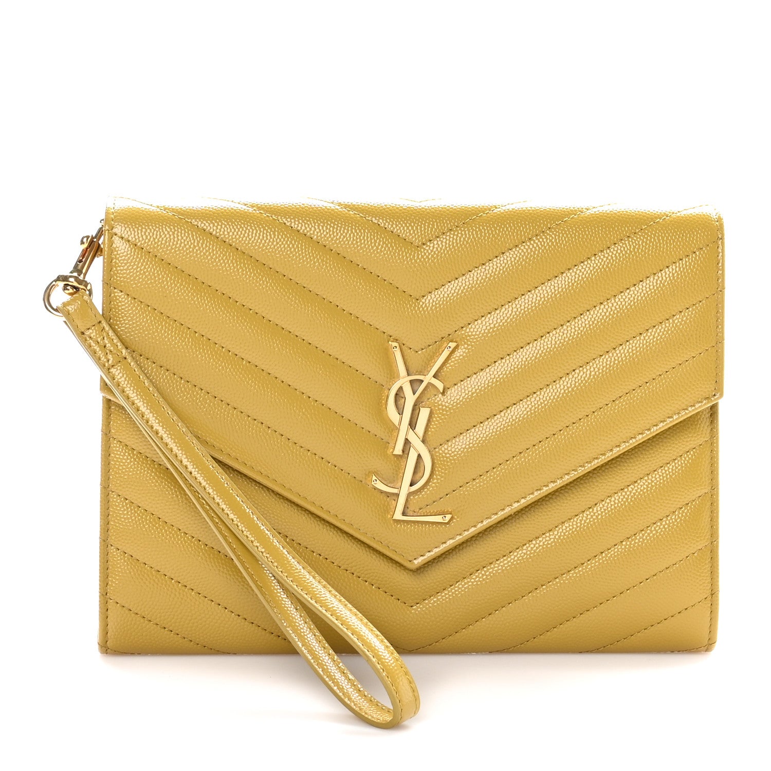 Saint Laurent Grain De Poudre Matelasse Chevron Monogram Envelope Clutch Mustard 1 of 9