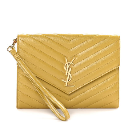 Saint Laurent Grain De Poudre Matelasse Chevron Monogram Envelope Clutch Mustard 1 of 9